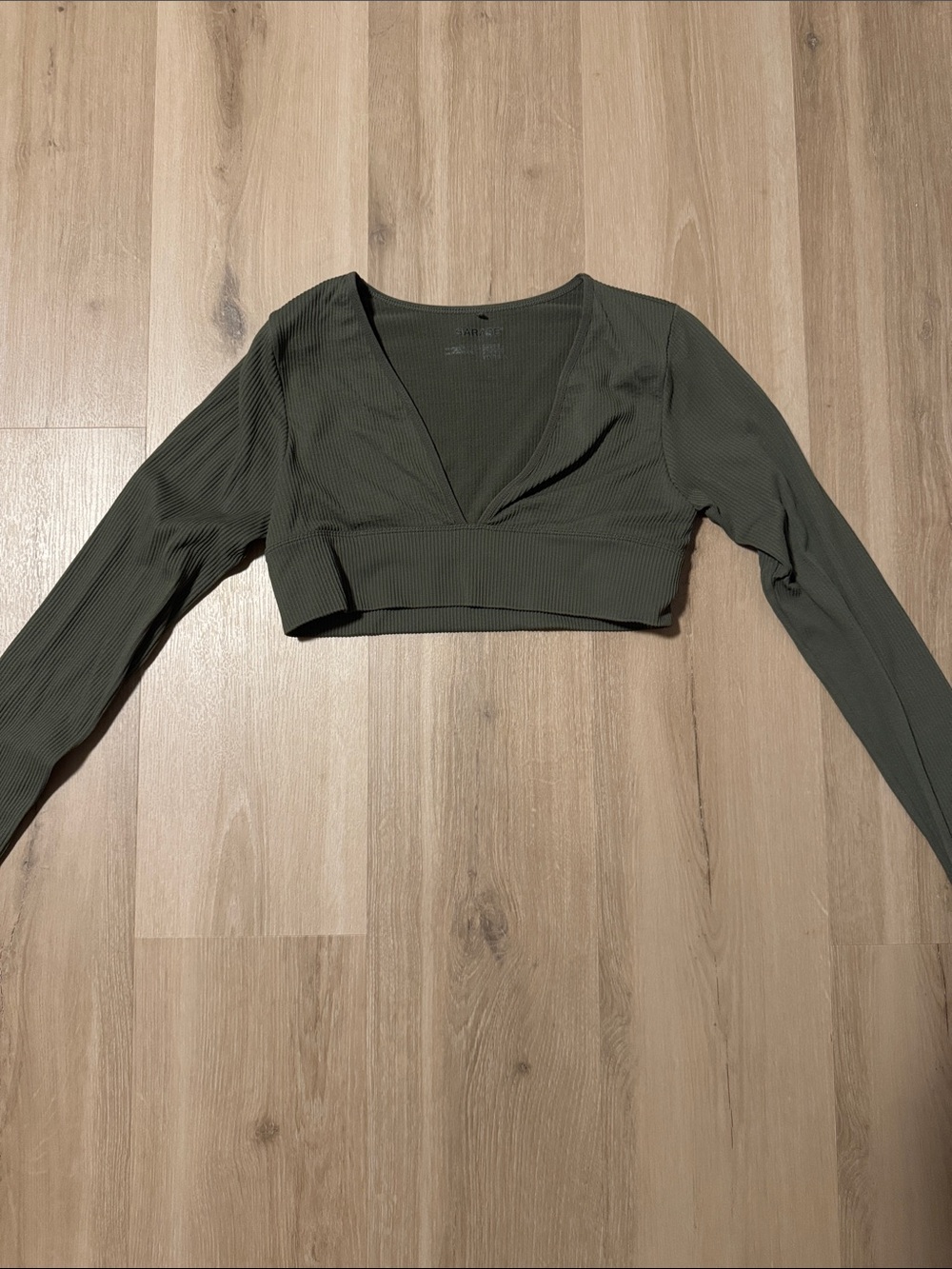 Garage Olive Green Ribbed V-Neck Cropped Top